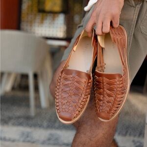 Nisolo Mens size 8.5 Brown Brandy Leather Huarache Woven Loafer Sandals